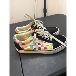 Vans Old Skool Rainbow Checkerboard Sneakers Black Suede Multi Color Womens 7
